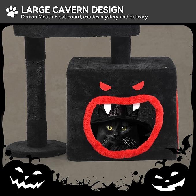 YITAHOME 4-in-1 Gothic Cat Tree with Coffin Bed for Indoor Cats, 38.6 in Small Cat Tower with Scratching Post, Modern Activity House Condo with Cradle, Kittens Cave, Black & Red