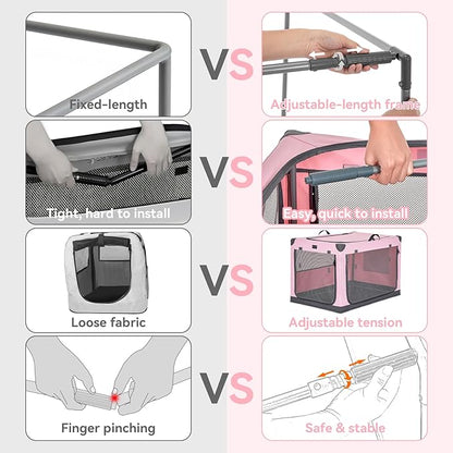 PETSFIT 26" Soft Portable Dog Crate – Patented Spiral Sturdy Frame, Collapsible Travel Kennel for Small Dogs, 3 Mesh Door, Lockable Zippers, Indoor & Car Use Pink