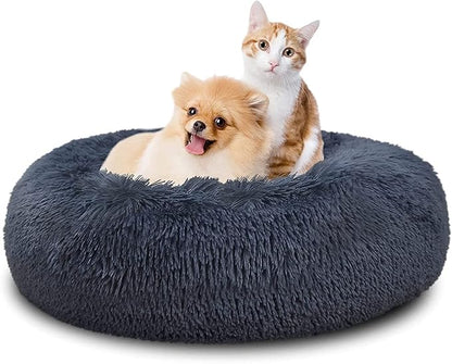 SAVFOX 30 inches Calming Donut Dog Bed - 3X Durable Plush Faux Fur, Machine Washable & Non-Slip, Fits up to 45 lbs, Dark Grey