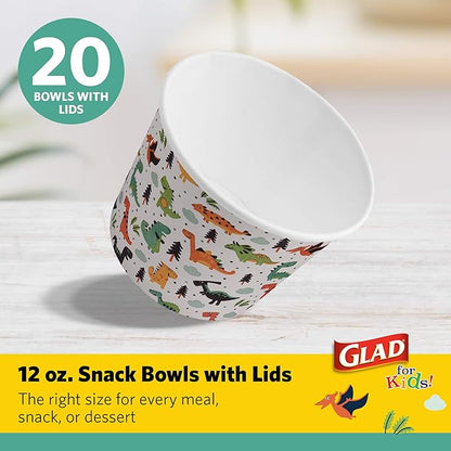 Glad Bowls, Paper, 12 Ounce | Dinosaur Theme | Disposable | With Lids | 40 Count