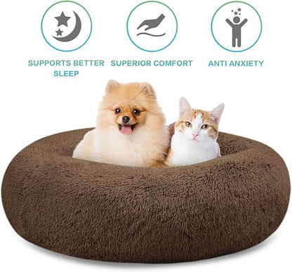 SAVFOX 36 inches Calming Donut Dog Bed - 3X Durable Plush Faux Fur, Machine Washable & Non-Slip, Fits up to 100 lbs, Brown