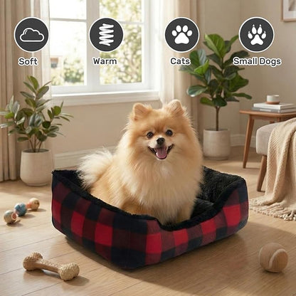 Hollypet Printed Flannel Rectangle Plush Dog Cat Bed Self-Warming Pet Bed, Red Checked