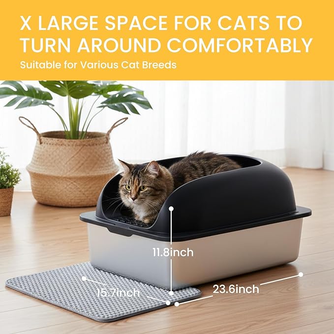Simple Deluxe XL Stainless Steel Cat Litter Box with Lid, High Sided Metal Litter Pan for Large Cats, Urine-Proof Non-Stick & Easy to Clean, Black