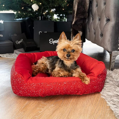 Sparkles Home Pet Bed, Sparkling Rhinestones, Soft, Comfortable Velvet, for Lounging Dogs, Cats, Pets, Red, Large, Sold Individually