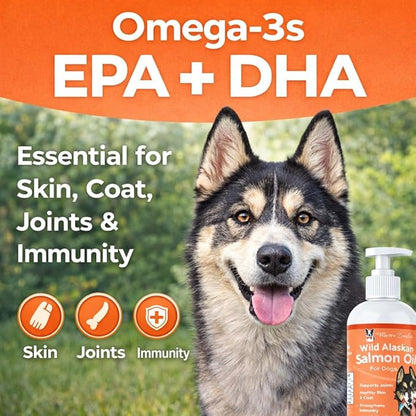 Warren London Wild Alaskan Salmon Oil for Dogs – Omega-3 Fish Oil Food Topper Pump with EPA & DHA for Skin & Coat, Shedding, Joint & Immune Support – Made in USA, 8 oz