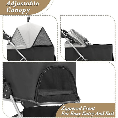 Athena Collection 4 Wheels Pet Stroller for Medium Dogs 33 Lbs - Puppy Cat Carrier With Detachable Carrier, Cup Holder Tray, Bottom Storage - Black