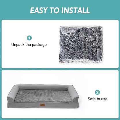 COZY KISS Orthopedic Dog Beds for Large Sized Dog, XL Bolster Pet Couch with Waterproof Lining, Egg Crate Foam Sofa for Pets Up to 100 lbs, U-Shaped, 42x30x7.5 inch, Grey