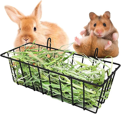Hay Feeder for Rabbit, Guinea Pig, Bunny, Chinchilla, Heavy-Duty Metal Frame Hay Feeder, Small Animal Basket with Hook Metal Grass Holder Black