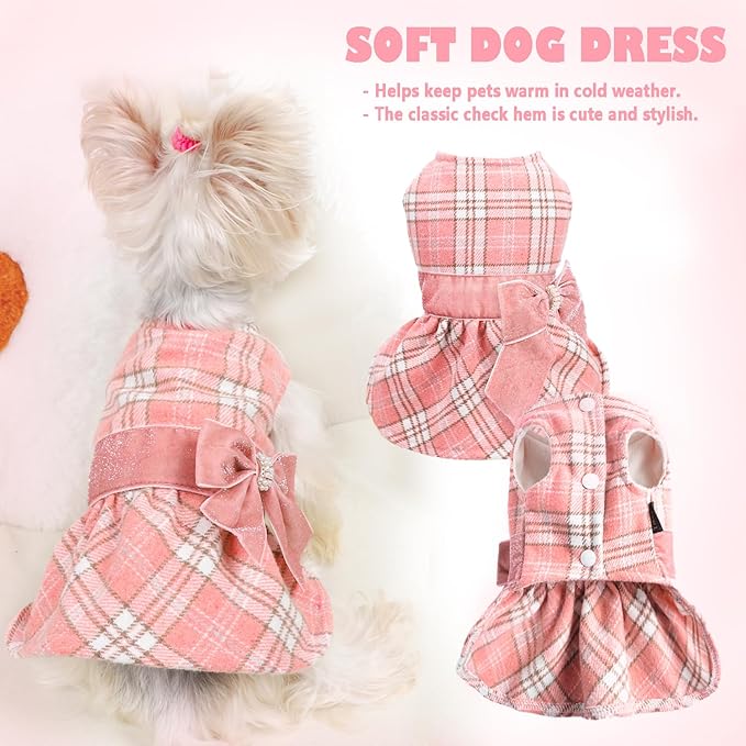 Yikeyo Dog Sweater Dress,Fleece Lining Plaid Dog Dress Sequins Bow-Knot Winter Dog Clothes Girl Pet Clothes Sweater Dresses Coats Cat Outfits XS,Pink