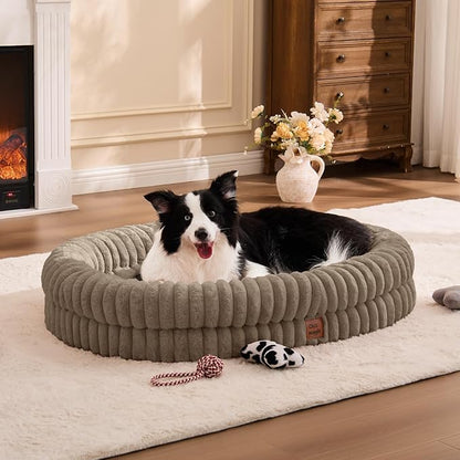 ChiXnuggle XL Dog Bed - Luxury Striped Faux Fur Waterproof Pet Couch with Removable Washable Cover, Orthopedic Dog Bed with Bolster Sides for Sleeping, Taupe
