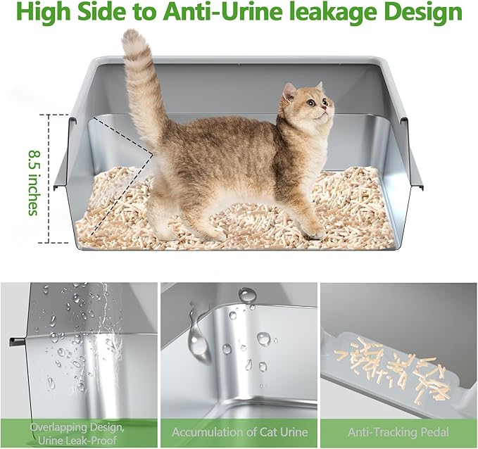 Stainless Steel Litter Box with Lid,Large Litter Metal Litter Box with High Sided, Anti-Urine Leakage, Easy Cleaning & Odor-Less, Include Metal Scoop
