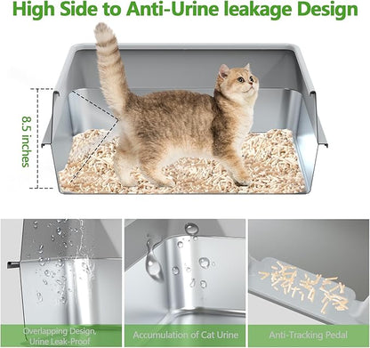Stainless Steel Litter Box with Lid,Large Litter Metal Litter Box with High Sided, Anti-Urine Leakage, Easy Cleaning & Odor-Less, Include Metal Scoop