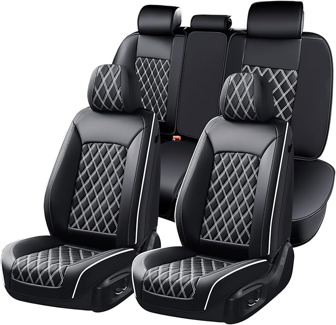 Huidasource Universal Car Seat Cover, Nappa Leather Car Seat Cover Set, Velcro Adjustable, Compatible with Airbags, Armrests, Child Seat, fit for Most Cars, Vans, Trucks, SUVs (Full Set/Black&White)