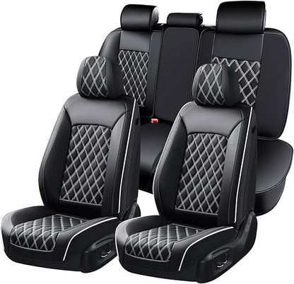Huidasource Universal Car Seat Cover, Nappa Leather Car Seat Cover Set, Velcro Adjustable, Compatible with Airbags, Armrests, Child Seat, fit for Most Cars, Vans, Trucks, SUVs (Full Set/Black&White)