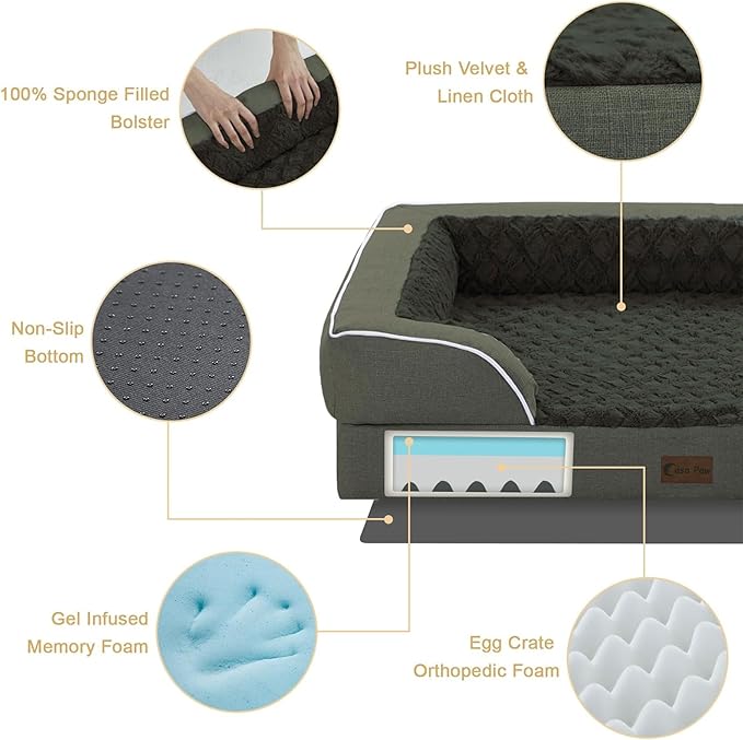 Orthopedic Dog Beds for Extra Large Sized Dogs, Waterproof Memory Foam XL Pet Bed with Sides 42x30Inch, Non-Slip and Egg-Crate Foam Big Dog Couch Bed with Removable Washable Cover, Dark Green
