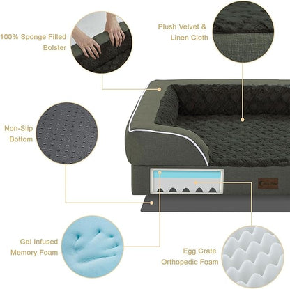 Orthopedic Dog Beds for Extra Large Sized Dogs, Waterproof Memory Foam XL Pet Bed with Sides 42x30Inch, Non-Slip and Egg-Crate Foam Big Dog Couch Bed with Removable Washable Cover, Dark Green
