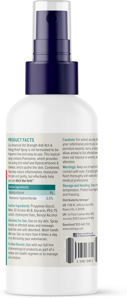Vetnique Dermabliss Anti Itch Spray for Dogs & Cats with Hydrocortisone for Allergies and Immediate Dog Itching Skin Relief - Fragrance Free with Soothing Oat Extract (4oz)