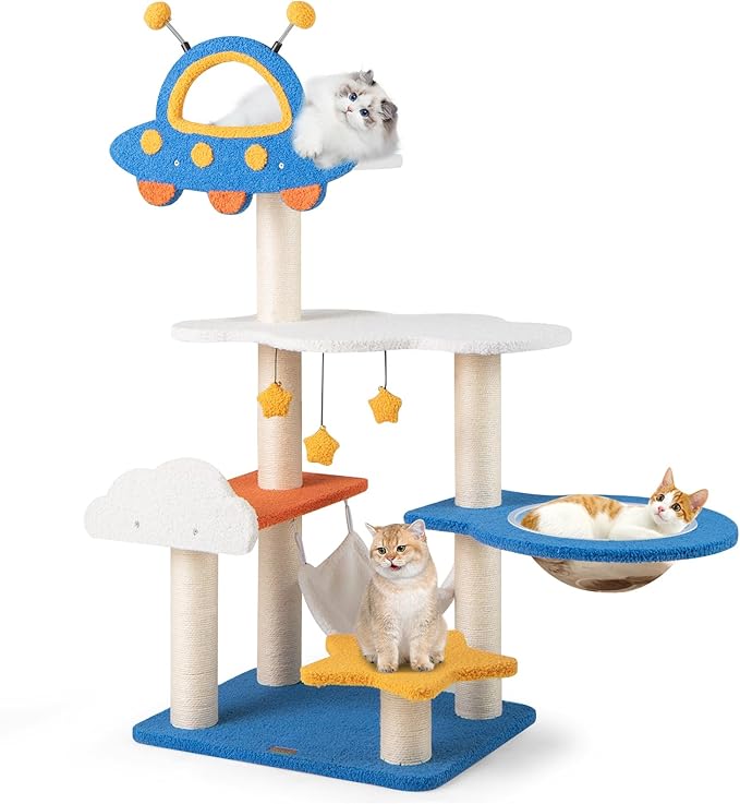 PETSITE 49-inch Cat Tree for Indoor Cats, Space-Themed Multi-Level Cute Cat Tree Tower with Sisal Scratching Posts, UFO Top Perch, Space Capsule, Cloud & Star Platforms, Dangling & Spring Balls