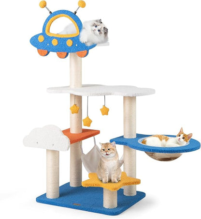 PETSITE 49-inch Cat Tree for Indoor Cats, Space-Themed Multi-Level Cute Cat Tree Tower with Sisal Scratching Posts, UFO Top Perch, Space Capsule, Cloud & Star Platforms, Dangling & Spring Balls