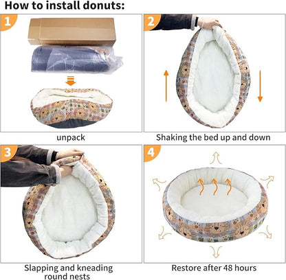 Circular Calming Dog & Cat Bed Anti-Anxiety Washable with Anti Slip Backing Donut Cuddler with Cute Jacquard Patterns for Cat and Small Puppy (Small-23in, Peking Opera)