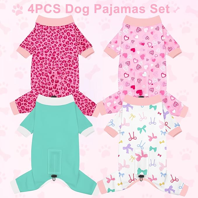 Bienbee Dog Pajamas, 4 Pack Dog Recovery Suit Shedding Suit Cute Soft Puppy Clothes Dogs Pjs Onesies Jammies Adjustable Breathable & Stretchy Clothes for Small Medium Large Dogs Girl Boy Puppy-L