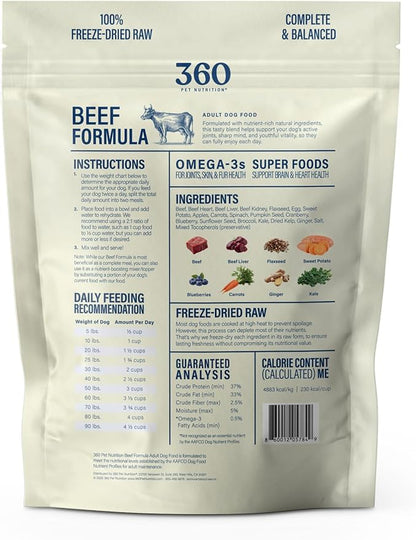 360 Pet Nutrition Freeze-Dried Raw Dog Food – Beef Recipe with Liver & Organs, High Protein with Omega-3s, Fruits, Veggies & Superfoods, Grain-Free, No Filler 4 x 16 oz Made in USA