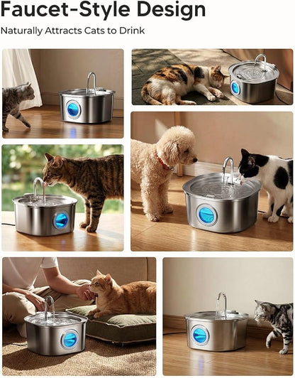 PEKTACO Stainless Steel Cat Water Fountain, 3.2L/108oz with 6 Filters | Cat water dispenser, dishwasher safe, with triple filtration, quiet pump, and visible water window for cats and small pets