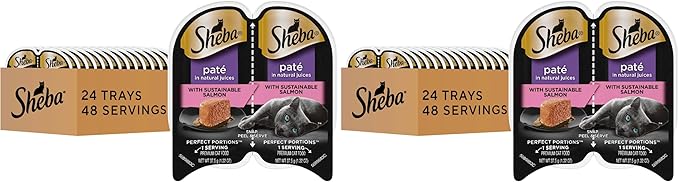 Sheba Perfect Portions Wet Cat Food Pate Sustainable Salmon Entree,2.6 oz. Twin-Pack Trays,Cat Food Wet Recipe (,48 Servings),24 Count (Pack of 2)