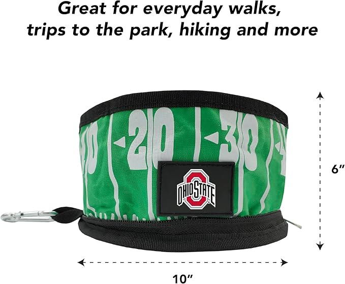 Pets First NCAA Ohio State Buckeyes Collapsible Dog Travel Bowl, Food and Water Bowl for Dogs & Cats. Lightweight Leak-Proof Pet Bowl for Travel with Football Field & Pebble-Grain Design