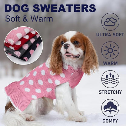 KYEESE Valentines Dog Sweater Dress, Warm Dog Sweaters for Small Dogs Girl Dogs Clothes, Pullover Cozy Knit Pet Apparel with Leash Hole, Pink Dot, L