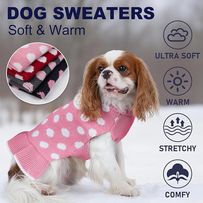 KYEESE Valentines Dog Sweater Dress, Warm Dog Sweaters for Small Dogs Girl Cats Dogs Clothes, Pullover Cozy Knit Pet Appare with Leash Hole, Pink Dot, S