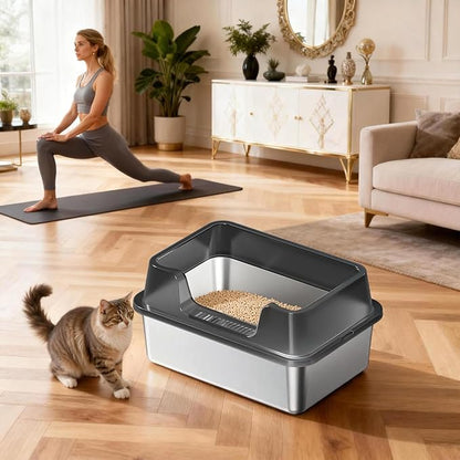 Enclosed Stainless Steel Cat Litter Box with Lid Extra Large Litter Box for Big Cats XL Metal Litter Pan Tray with High Wall Sides Enclosure, Non-Sticky, Anti-Leakage, Easy Cleaning
