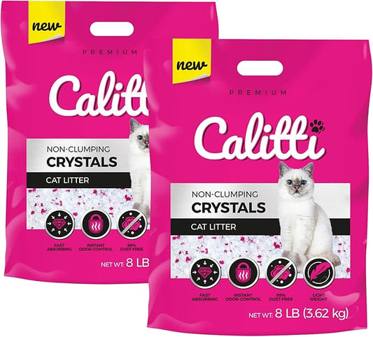 Calitti Premium Crystal Cat Litter – Ultra Absorbent & Maximum Odor Control – 99.9% Dust-Free, Low Tracking, Non-Clumping Silica Gel – Unscented – 16 lb (2 x 8 lb Packs)