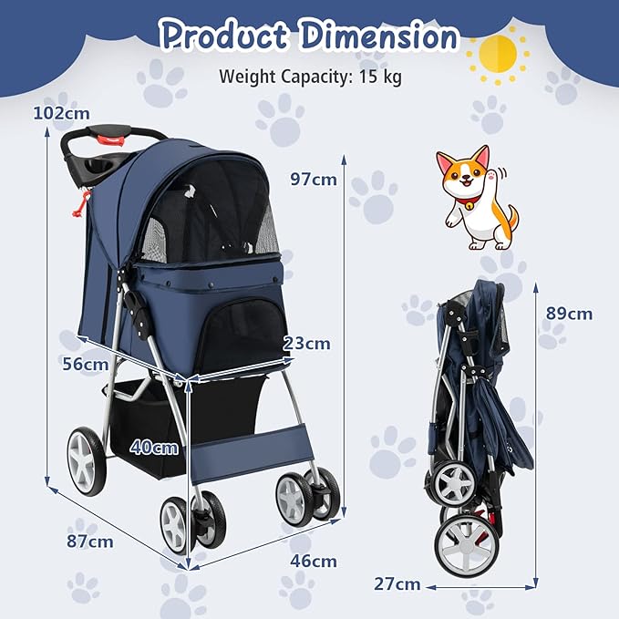 4 Wheels Dog Stroller, Foldable Pet Stroller for Small/Medium Dogs Cats, Cat Carrier with Storage Basket and Cup Holder, Pet Car Seat with Soft Pad, Navy Blue