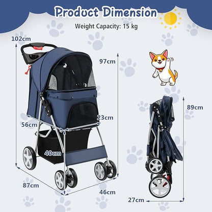 4 Wheels Dog Stroller, Foldable Pet Stroller for Small/Medium Dogs Cats, Cat Carrier with Storage Basket and Cup Holder, Pet Car Seat with Soft Pad, Navy Blue
