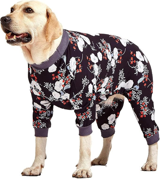LovinPet Medium/Big Breeds Large Dog Pajamas, Anti Licking, Wound Care/Post Surgery Dogs Pajamas, Lightweight Stretchy Fabric, Beautiful Bouquets Black Print Large Dog Onesies, Pet PJ's /2XL
