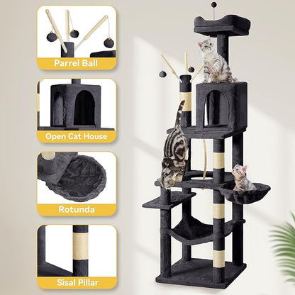 DWVO 64.5 Inch Tall Cat Tree, Multi-Tier Cat Condo with Hammock, Scratching Posts & Play Balls for 2-3 Cats (Dark Gray)