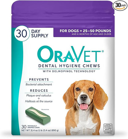 ORAVET Dental Chews for Dogs, Oral Care and Hygiene Chews (Medium Dogs, 25-50 lbs.) Purple Pouch, 30 Count