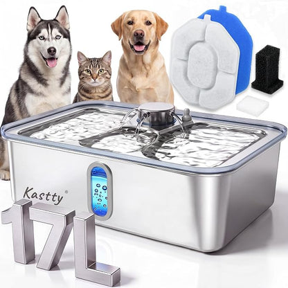 Kastty 17L/4.5Gal Stainless Steel Dog Water Fountain for Large Dogs | Large Capacity Pet Water Fountain,Quiet Automatic Dog Water Bowl Dispenser with LED Light, Easy to Clean for Multi-Pet FS84