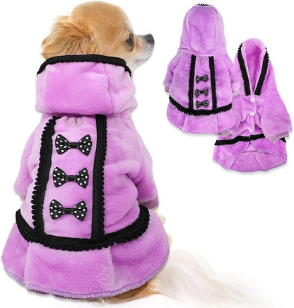 Winter Dog Dress for Small Dogs Girl Puppy Sweater Dog Sweaters Fleece Warm Puppy Dresses with Leash Hole Cute Pink Clothes Bowtie Chihuahua Sweaters Pet Doggie Oufit (Purple, Large)
