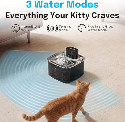 Wireless Cat Water Fountain, 2L Rechargeable Pet Fountain with Stainless Steel Tray, Ultra Quiet Pump, Motion Sensor & Anti-Dry Burn, Auto Water Dispenser for Cats Dogs, Black (1 Filter)