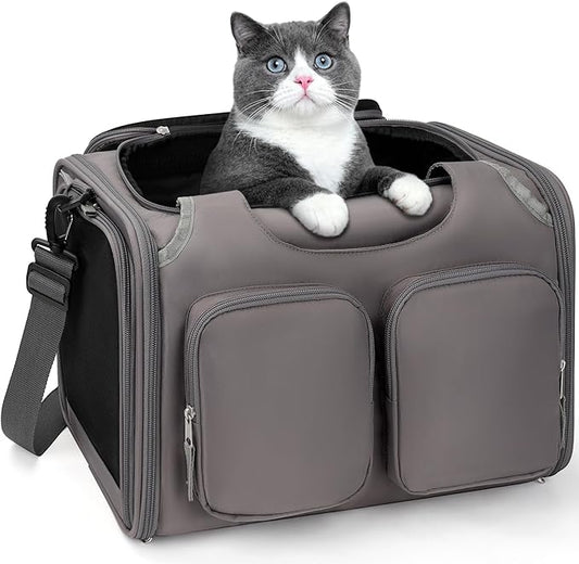 Dog, Cat Carrier for Pets Up to 12 Lbs, Airline Approved Collapsible Soft-Sided Pet Travel Bag with Locking Zippers, Breathable Mesh and 4 Large Pockets, Removable Fleece Pad (Grey)