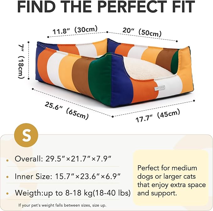 PETNOVO Dog Bed Small Dogs – Removable Washable Cover, Reversible Fleece Cushion, Non-Slip Bottom, Colorful Rainbow Pattern, Gift Box, 25.6 × 17.7 × 7.1 in