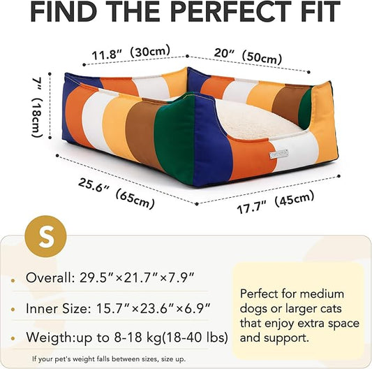 PETNOVO Dog Bed Small Dogs – Removable Washable Cover, Reversible Fleece Cushion, Non-Slip Bottom, Colorful Rainbow Pattern, Gift Box, 25.6 × 17.7 × 7.1 in