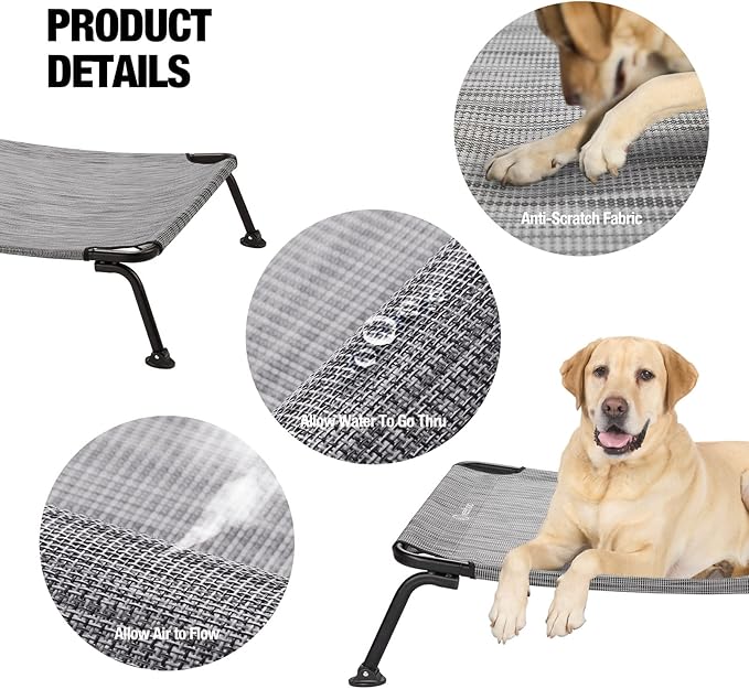 Veehoo Outdoor Elevated Dog Bed, Cooling Raised Dog Cots Beds for Medium Dogs, Portable Waterproof Curved Dogs Hammock Bed for Outside, up to 100lbs, Black Legs, Black Silver 32"