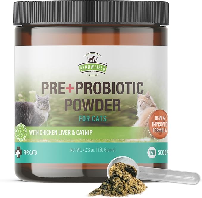 Strawfield Pets' Pre + Probiotic Powder for Cats with Catnip Probiotic for Cats Constipation, Diarrhea, Digestion Relief Immune Support Supplement Natural Chicken Liver Flavor 120 Grams / 120 Scoops