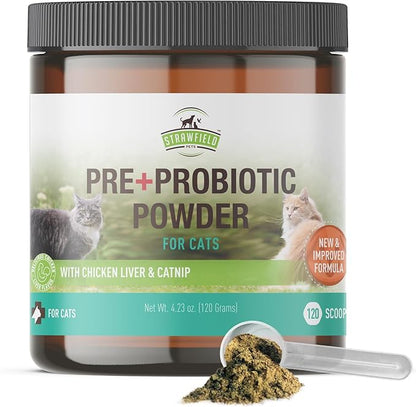 Strawfield Pets' Pre + Probiotic Powder for Cats with Catnip Probiotic for Cats Constipation, Diarrhea, Digestion Relief Immune Support Supplement Natural Chicken Liver Flavor 120 Grams / 120 Scoops