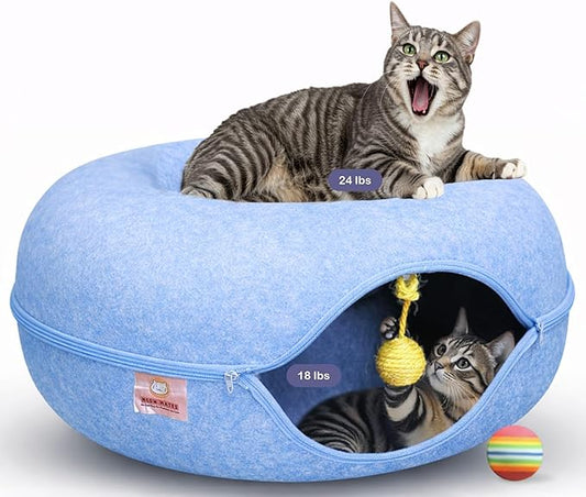 Peekaboo Cat Tunnel Bed with Hanging Ball Toy – Large Cat Tunnels for Indoor Cats up to 30lbs – Round Cat cave Bed with Scratch-Resistant, Easy to Wash & Cozy Design (Blue, Large)