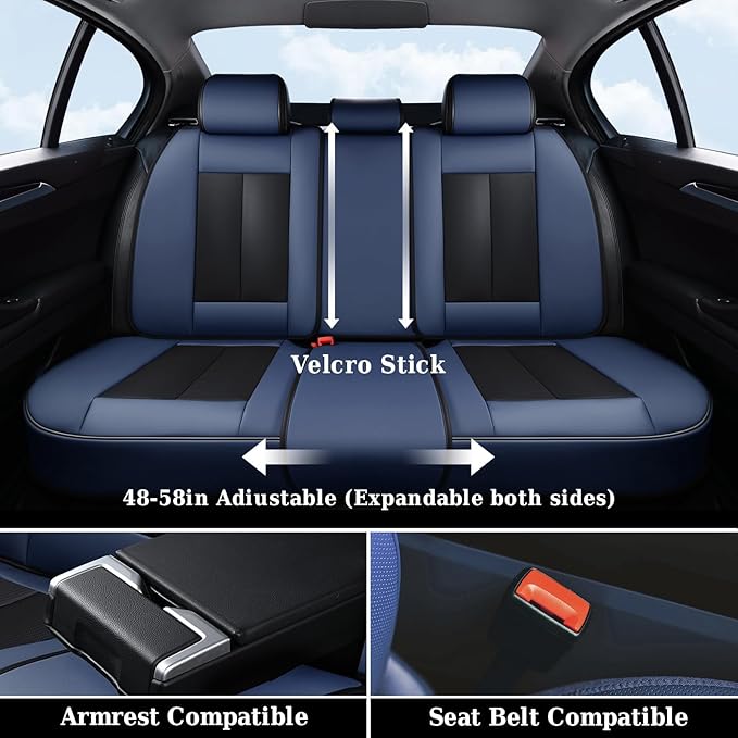 Coverado Front and Back Seat Covers for Cars, Nappa Leather Car Seat Covers Full Set, Waterproof Carseat Protector Seat Cushion, Luxury Automotive Seat Covers Universal Fit for Most Cars(Blue&Black)