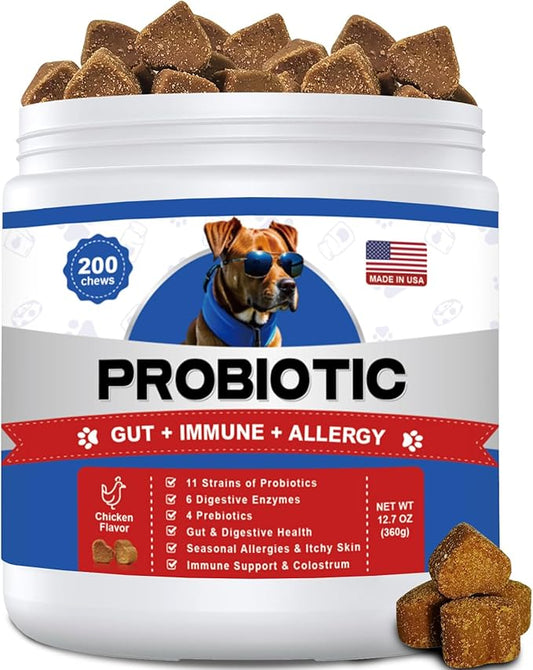 Probiotics for Dogs 200 Chews - Dog Probiotics with 6 Digestive Enzymes,4 Prebiotics,11 Billion CFUs, Colostrum - for Gut Gas Health, Yeast Balance, Skin & Coat, Seasonal Allergies Immune Support